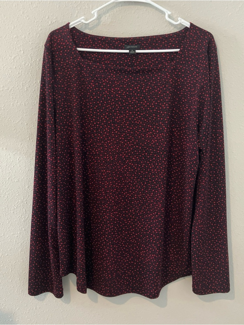 Ann Taylor Burgundy Long Sleeve Top with Red Dot Print